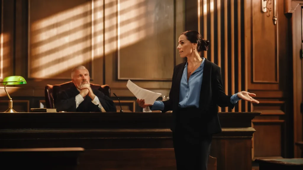 A lawyer speaking in a courtroom.