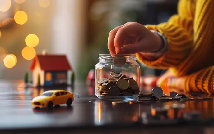 Putting coins in a jar next to toy house and car.