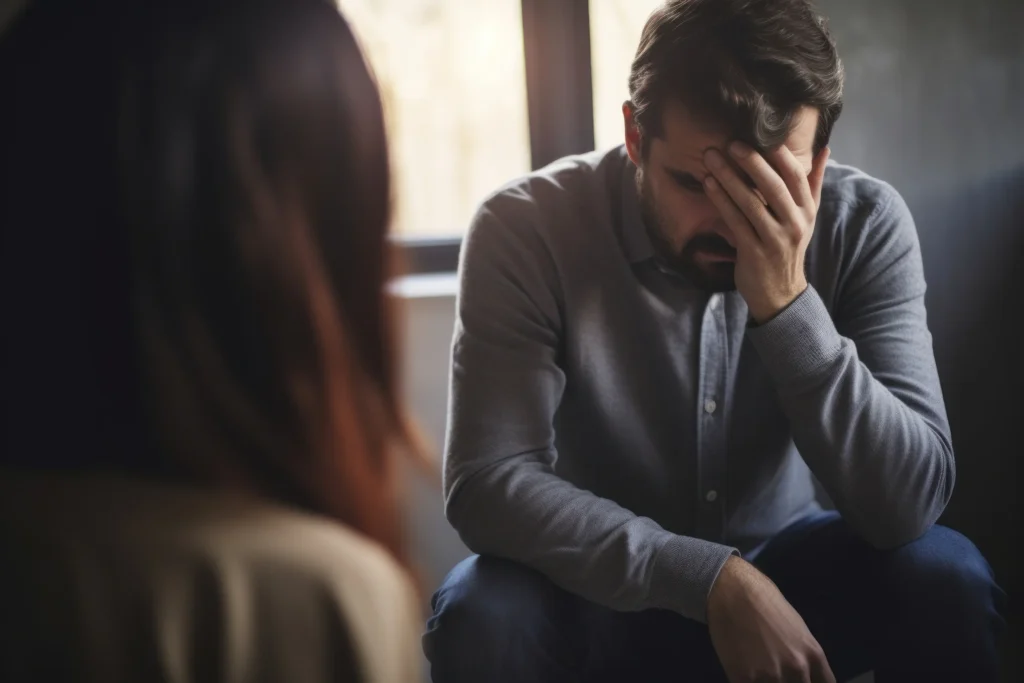 A man holding his head in his hands as he speaks to a woman.